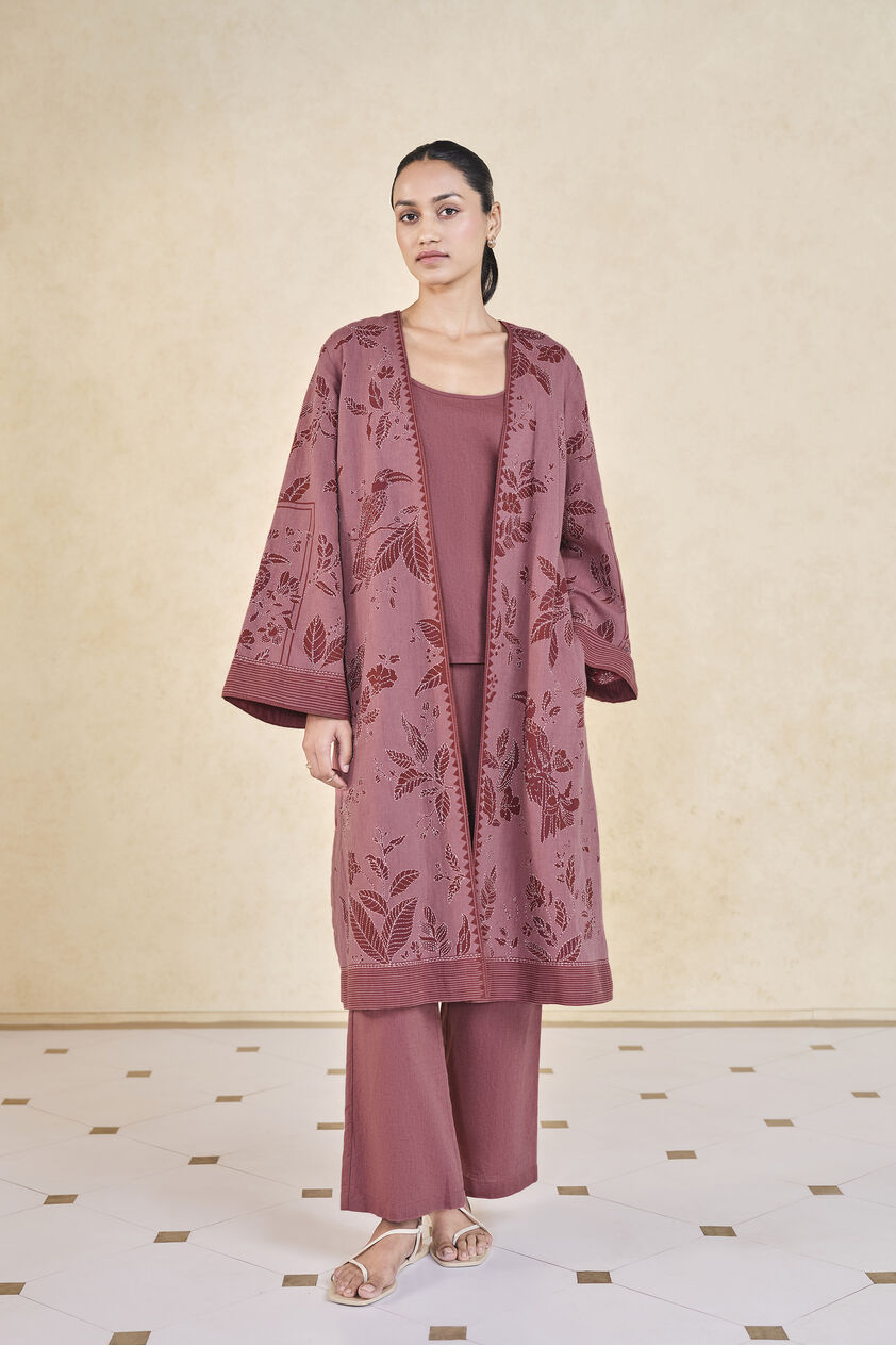 Rhubarb Hand-embroidered Kantha Linen Overlayer Set - Pink, Pink, image 1